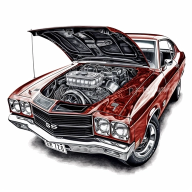 Feel the thunderous engine of a Chevrolet Chevelle SS in a clipart composed in large ink blocks, showcasing the bold and aggressive nature of American muscle. In HD on a white background.
