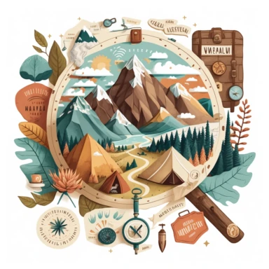 clipart with a wanderlust theme, featuring illustrations of mountains, compasses, and adventure gear, reflecting millennials and Gen Z's love for travel and exploration