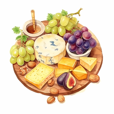 Watercolor cheese platter with wallnuts and grapes and raisins and figs and herbs nicely placed along with cheese on a very large wooden flat plate or cutting board, illustrations clipart set, simple, soft colors, cartoon elements, different variants, cheese from around the world, wooden elements, separate elements with a margin