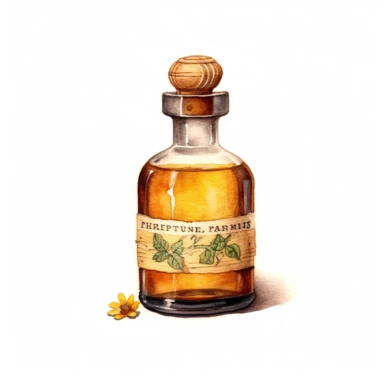 watercolor, hyper realistic, white background, white margins, 16k, ultra detailed clipart, cut out image, hand-drawn Use a warm and rich color scheme inspired by vintage medicine bottles, with shades of deep amber, antique brown, and subtle hints of gold.a small glass bottle with a dropper, labeled as a herbal tincture, with delicate illustrations of plants and flowers.
