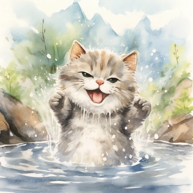 watercolor illustration, kitten smiling with an open mouth and with a towel over the head and enjoying a hot spring, surrounded by gentle steam rising from the onsen water, feeling the pleasant sensation. Small bubbles dance through its fur, creating a mysterious yet beautiful sight. The cat stretches out, gradually unwinding, as the warmth of the onsen melts away the tension in its muscles. It gracefully savors the serene atmosphere and the gentle touch of nature, embracing the tranquility of t