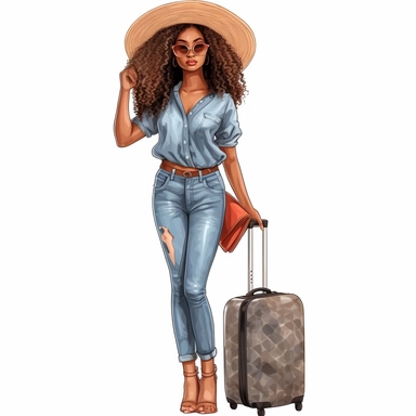 full body clip art+3 friend black Nubian woman+ long wavy hair+ kawaii+ standing next to suit case+ multiple traveling bags+ legs crossed at ankles+ high heels+skinny jeans and nice shirt+big hat+vacation vibes+detailed+ niji 5+ uhd+ png clipart+ airport