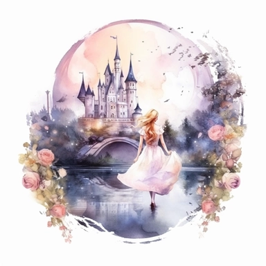 light watercolor wild castle and beauty girl in the moonlight in beautiful forest with bridges, roses, flowers,and lights realistic clipart on white background