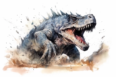 Watercolor, Show me the powerful bite and sharp claws of a Megalania hunting in the dense Australian wilderness clipart, hd, on a white background, spaced out