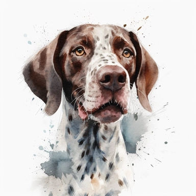 cute Danish Pointer dog portrait, full face, centered shot, side shot, dynamically posed, in action, playful mood, happy mood, playing mood, cute face, adorable smile, childlike eyes, clean watercolor illustration, white background, nursery baby imagery, painting, detailed, 8k, PNG, clipart,