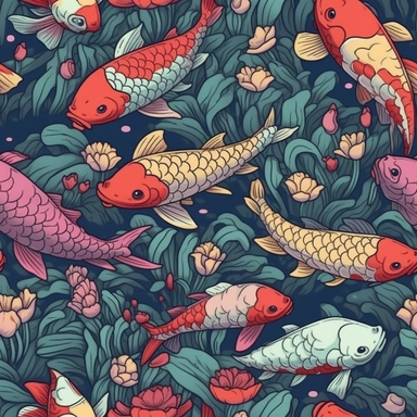 cute Koi fish in a pond seamless pattern, vibrant colors, clipart, flat illustration, outlined , digital print, highly detailed clean, detailed illustration, isometric style