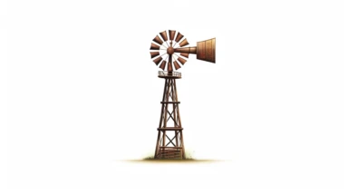 Envision a classic western windmill, standing alone against a stark white background. The windmill is a symbol of the old west, with its wooden structure and spinning blades. The medium is a clipart style, with clean lines and a minimalist aesthetic. The style is reminiscent of vintage western illustrations, with a focus on the iconic silhouette of the windmill. The lighting is neutral, with the white background providing a stark contrast to the dark outline of the windmill. The colors are monoc