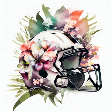 american football helmet with flowers in backgroud, watercolor clipart sublimation png, white background