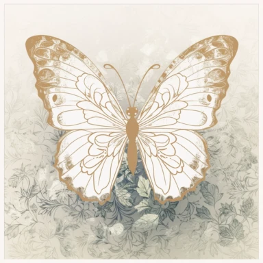 clipart, a butterfly on top of a floral patterned background, solid white background, white edge, minimalist background, in the style of ethereal illustrations, mende art, kimoicore, romantic emotivity, rich and immersive, soft color, wedding theme, expensive, double tone effect, white and gold, light gold and silver, wedding theme