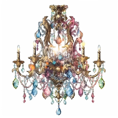 Make a clipart of a shabby chic victorian chandelier, rococo, with bright jewel colors, gold accents, hd, white background