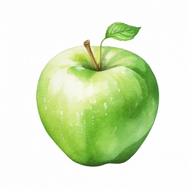 watercolor green apple clipart, white background, realistic with high details, beautifully colored with strong palette pastel colors, 32k hd, detailed quality