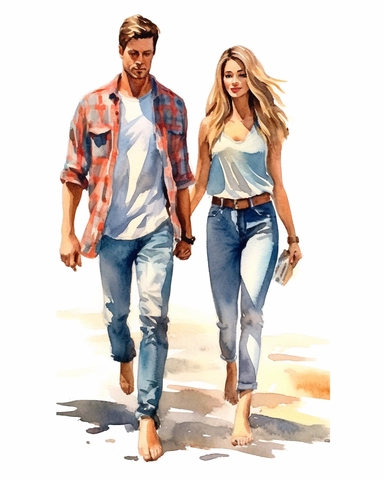 watercolor clipart couple walking on the beach, hyper realistic, 8k, isolated on white background