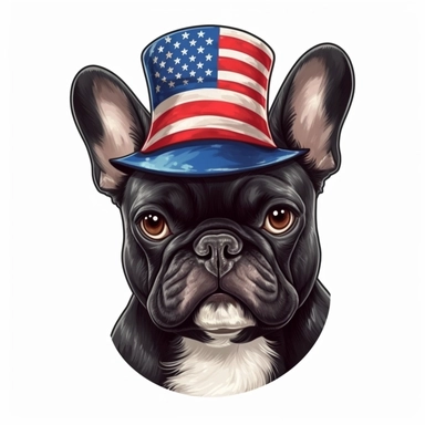 sticker, white background, black pround french bulldog, in style Independence Day in usa, hat with an american flag, clipart