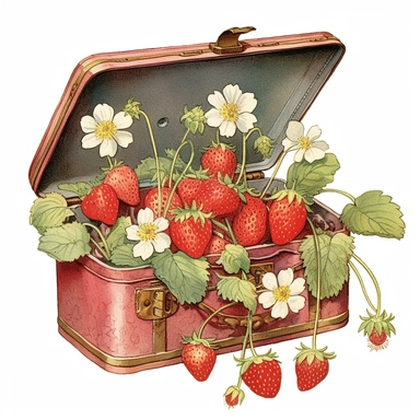 watercolor vintage style strawberries and flowers in a case clipart, strawberries and flowers in a case, strawberry, vibrant colors, 1960, vintage, watercolor, realistic drawing in storybook illustration, pencil drawing by Angela Barrett, Elsa Beskow, ultrafine detailed, highly detailed, high resolution, 8K, white background