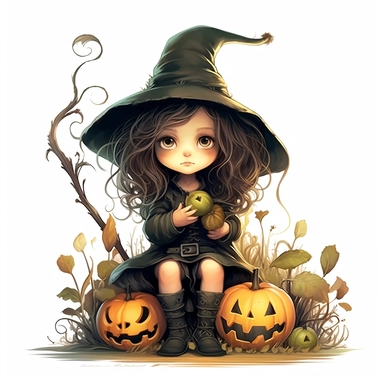 tiny cute baby girl dressed in witch costume with long hair, green skin, huge-giant broom in a hand, surrounded by mystical pumpkins and plants, at night, unreal engine, amanda clark illustration, white background, illustration, by amanda clark, clip art,