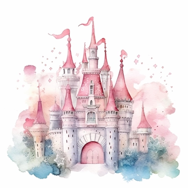 Princess castle clipart, watercolor fairy kingdom, white background