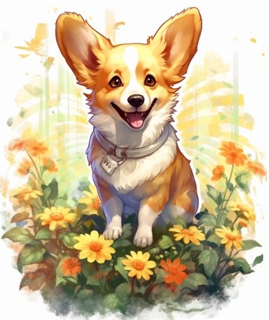 a corgi petting the flowers, animal png clipart, in the style of bold manga lines, gold leaf, rough, yellow and white, hd, justin bua, full body