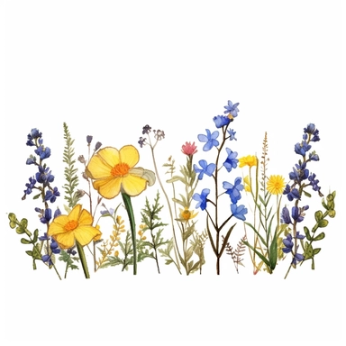 Pressed boho cottagecore Forget me-not, Marigold, Dandelion, cornflower and sweet pea floral border wildflowers with Pinnate, scale-like and linear foliages floral nature garden border, clipart with white background