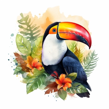 A toucan sitting proudly on a branch in the forest, looking off into the camera, with a few tropical plants and leaves framing the scene, vivid colors, watercolor by Liu Yi, clipart, solid background, 8k