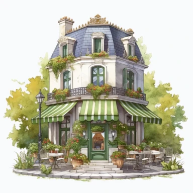 Tranquil green French cafe nestled in a picturesque garden. The entrance is surrounded by green foliage and flowers. Inside, the cafe offers a serene and refreshing atmosphere. Clipart, solid white background, Ultra-detailed, hyper-realistic, intricate detail