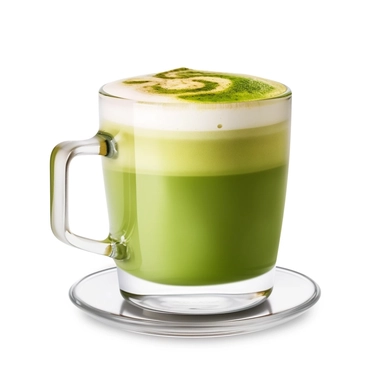 Side view of hot macha with latte art in a glass cup and saucer isolated on white background with clipping path inside