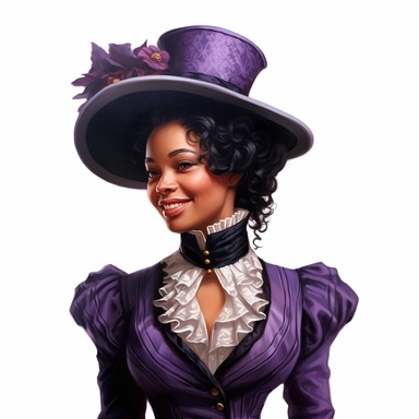 beautiful victorian black lady with black hair, looking left, victorian hairstyle, victorian hat, Victorian era clothing, beatiful smile, realistic inverted portrait white background, high quality, hyper-realistic, Victorian Lady Clipart,purple dress