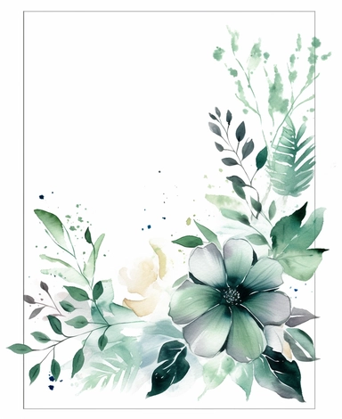 rectangle floral frame, thin border, green flowers and leaves, minimal with white space in middle, clipart, watercolor flowers, hand drawn, white background, clipart,