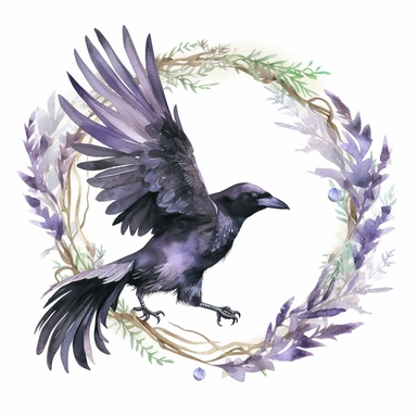 a cute fluffy fat flying raven on a branch, wreath, in a circle, clipart, white background, watercolor, Art Nouveau, highly detailed