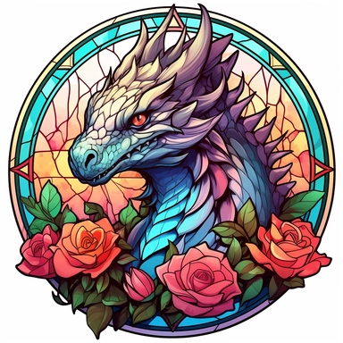 clipart on white background, stained glass dragon and flowers, i cant believe how beautiful this is, fantasycore, dragoncore, mysticalcore