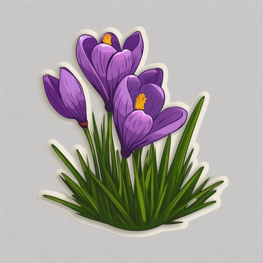 Isometric Sticker Clip Art of Crocus Flower in grass, children friendly, illustrated in a playful and realistic style, perfect for any special occasion, cut out in the shape of Crocus Flower, with no visible background, giving it the appearance of a sticker, conveying a mystical and whimsical mood, edited with Adobe Photoshop to adjust brightness and contrast, rendered as a transparent PNG file with a high resolution to ensure a crisp and clear image with no pixelation, suitable for various appl