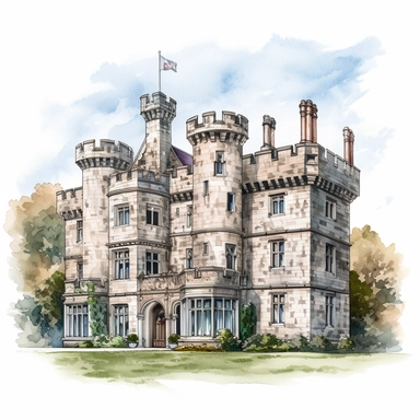 Isolated images, illustrations on a white background, facing front, elevation view, Malahide Castle Dublin Ireland, Clipart, watercolor, realistic, isolated, full building, highly detailed, hdr, 32K, photo expert quality, watercolor realistic, hyperrealistic and highly detailed, isolated on a white background