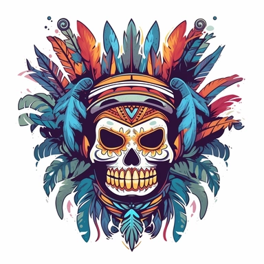 isolated flat clipart on a white background of a spooky day of dead themed voodoo mask tshirt design graphic, in the style of daniel f. gerhartz, transcendent, nikon d850, art of burma, captures the essence of nature, in the style of organic forms and patterns, expansive skies, hyper-detailed illustrations, i can't believe how beautiful this is, lively colors