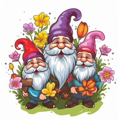 gnomes in spring, floral, colorful, clipart, vector image, black outlines, trending on artstation, isolated white background,