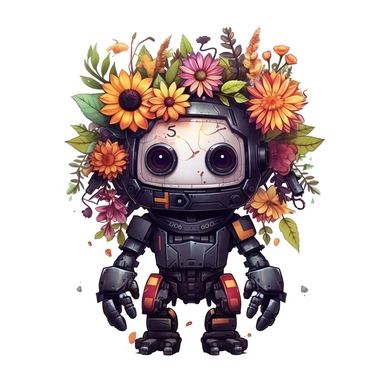 Floral Dark Fantasy Cute Kawaii Robot Clipart, Flat Cartoon, hyper realistic, intricate detail, illustration style, high resolution, on the white background