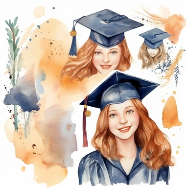 watercolor graduation related scenes, illustrations clipart set, simple, , cartoon elements ,different variants , school and classroom elements, graduate, graduation gown and capdiploma, separate elements with a margin, ,4k, high resolution