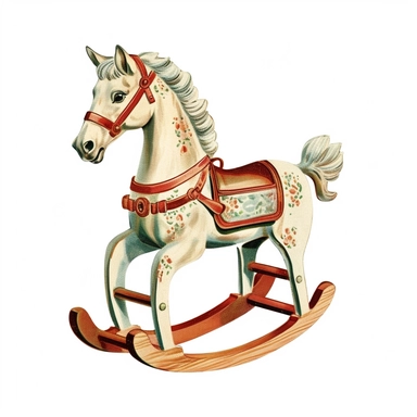 v Vintage Hand painted clipart of a wooden rocking horse in the style of vintage nursery kitsch Lefton, retro midcentury 1950’s, white background, contour