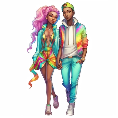 full body clipart of African American modern couple wearing rainbow clothes in Jasmine Becket-Griffith style, logo style, soft colors, clean edges, refined edges, stunning, captivating, contour, isolated white background