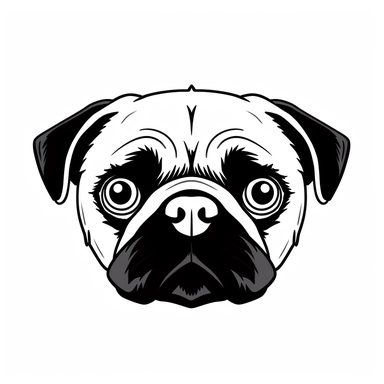 Simple outline of a front - facing crooked head happy Pug dog head peeking with front paws, cute clipart, flat 2d vector, minimalist, black and white, kids cartoon, svg cut file, line art drawing, white isolated background