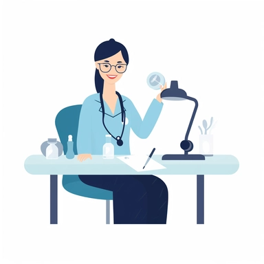 vector design, image of smiling woman dermatologist, sitting at the table, stethoscope around the neck, medical instruments, writes, flat modern illustration, clipart, white background, soft gradient transition, in the style of warm color palette, natural pastel colors, in dark blue and turquoise colors, object portraiture specialist, uniformly staged images, animated illustrations