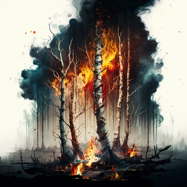 Clipart. Chaos, fire and destruction in a birch tree forrest.