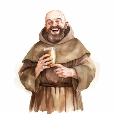 happy bearded medieval friar Tuck laughing as he holds just one beer mug in his right hand watercolor clipart