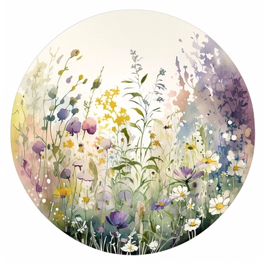 Stunning watercolor clipart portraying a blooming flower meadow. circular permeable shape. Channel the fluid and ethereal quality reminiscent of Monet's Impressionist style. Play with natural and artificial lighting to create dappled shadows. white background. Employ a harmonious color palette combining pastels and bold contrasting colors. Utilize a wide-angle lens to capture the expansive view of the field, framing the focal point off-center for a dynamic composition
