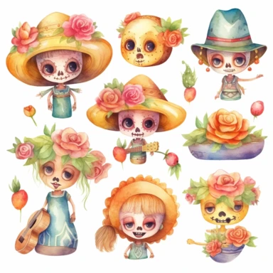 Watercolor cinco de mayo decorations, illustrations clipart set, simple, soft colors, cartoon elements, different variants, mexican hat, sugar skulls, rose, little boy, little girl separate elements with a margin