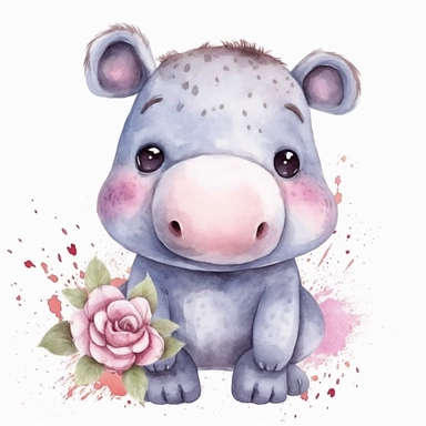 Cute hippo clipart with watercolor illustration, roses, kawaii, nursery theme, big eyes, smiling