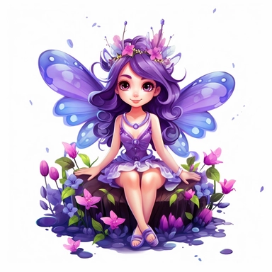 a beautiful smiling fairy girl sitting in flowers, big wings, purple dress, pixar style, full body image, clipart, white background