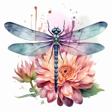a watercolor clipart of a dragonfly on a flowe