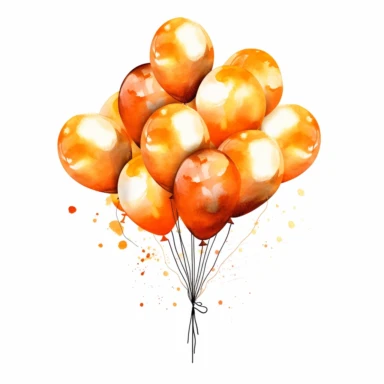 one vibrant party balloon clipart, white background, orange colour tones, watercolour style