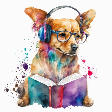 Cute dog He reads a book puts headphones dancing watercolor clipart best puts on glasses
