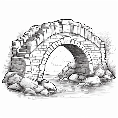 black and white clip art of a stone bridge for kids, 2d, no background, low detail, crisp lines,