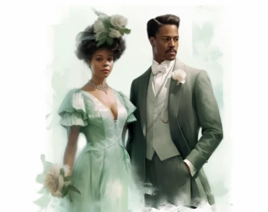 mint green pastel vector clipart african american mrs, in the style of dark white and light emerald, victorian-inspired illustrations, detailed botanical studies, nick alm, jeannette guichard-bunel, sterling silver highlights, hand-painted details